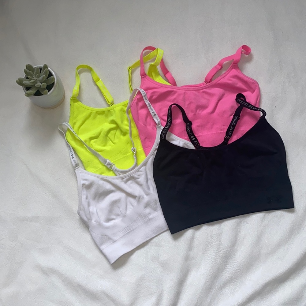 Under Armour Sports Bra Bundle; Black, White, Pink and Neon Yellow